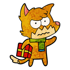 cartoon annoyed fox carrying gift