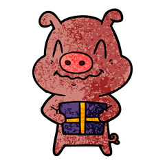 nervous cartoon pig with present