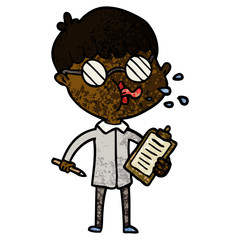 cartoon boy wearing spectacles with clip board