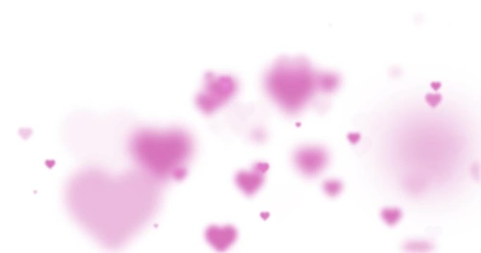 Abstract blurred pink colored hearts flying on white background.