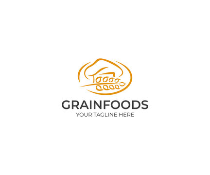 Chef Hat and Spikelet Logo Template. Chef Cap and Wheat Vector Design. Grain Products Illustration