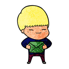 cartoon smug boy carrying present