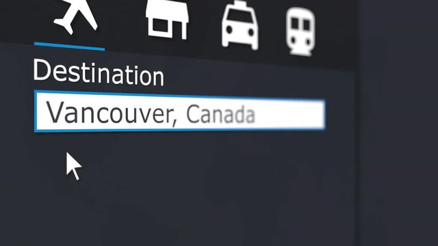 Buying Airplane Ticket To Vancouver Online. Travelling To Canada Conceptual Animation