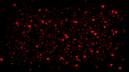 Valentine's day dark background with red flying hearts. Bright colored red and pink hearts glow on a black background. This backdrop is great for Love and passion themed footage
