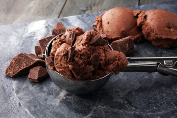 Chocolate ice cream scoop, scooped with a ice spoon