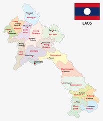 laos administrative and political vector map with flag