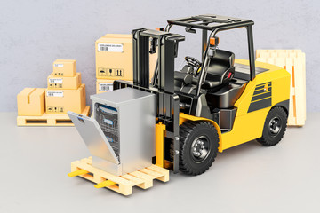 Forklift  truck with dishwasher. Appliance delivery, 3D rendering