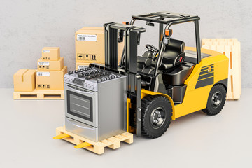 Forklift  truck with gas cooker with oven. Appliance delivery, 3D rendering