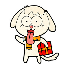 cute cartoon dog with christmas present