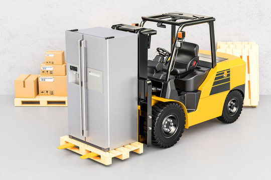 Forklift  truck with modern fridge. Appliance delivery, 3D rendering