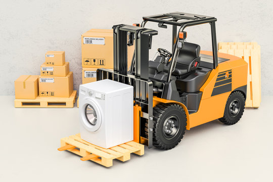 Forklift  truck with washing machine. Appliance delivery, 3D rendering