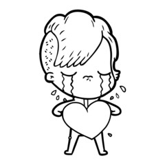 cartoon crying girl with love heart
