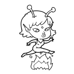 pretty cartoon alien girl jumping over fire