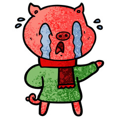 crying pig cartoon wearing human clothes
