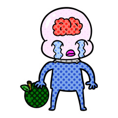 cartoon big brain alien with apple