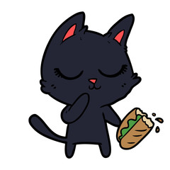 calm cartoon cat considering sharing a baguette
