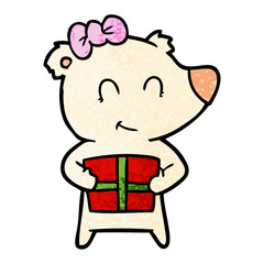 female polar bear with christmas present