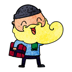 happy bearded man holding christmas present
