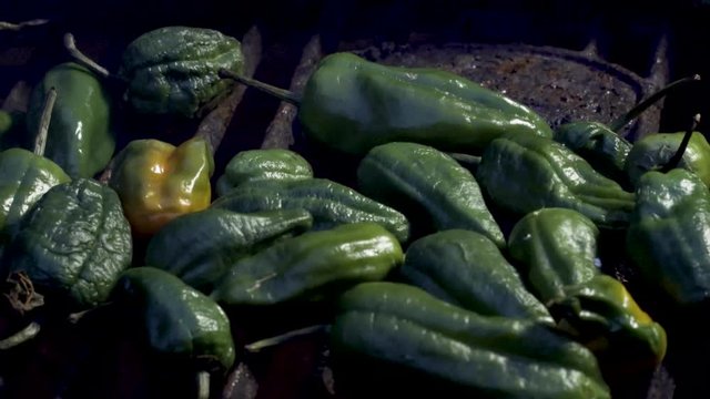Closeup and looking down on padron peppers on a grill in late evening with smoke.