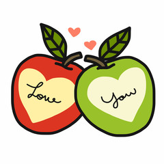 Love you word and heart red and green apple cartoon vector illustration