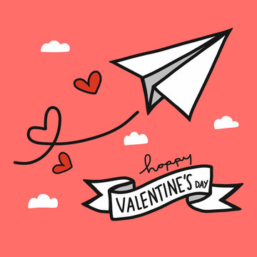 Paper Airplane And Heart Happy Valentine's Day Cartoon Vector Illustration