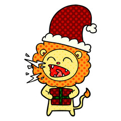 cartoon roaring lion with gift