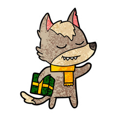friendly cartoon wolf carrying christmas present