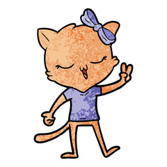 cartoon cat with bow on head giving peace sign