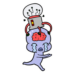 cartoon big brain alien crying with brain interface