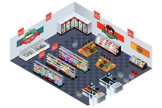 Supermarket Grocery Store in Isometric Illustration