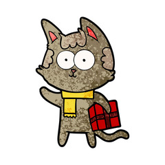 happy cartoon cat with christmas present