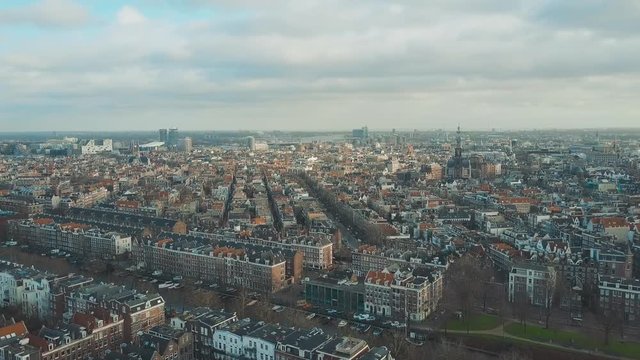 Aerial establishing shot of Amsterdam, Netherlands