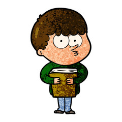 cartoon curious boy holding a book