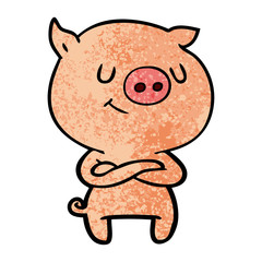 happy cartoon pig with crossed arms
