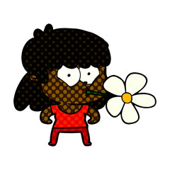 cartoon girl with flower in mouth