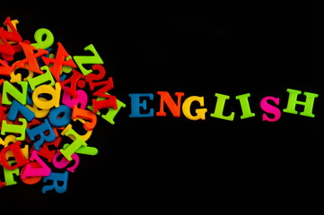 colorful english word on black background ,English language learning concept