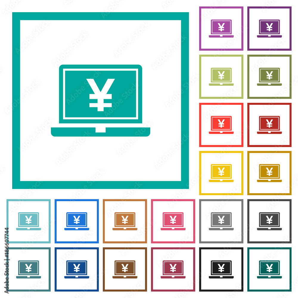 Sticker laptop with yen sign flat color icons with quadrant frames