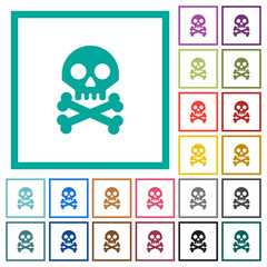 Fototapeta premium Skull with bones flat color icons with quadrant frames