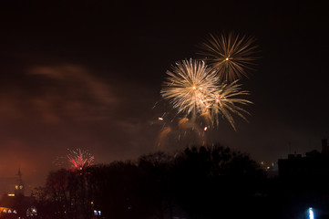 Explosion of fireworks during celebration of the new year 2018 in Gdansk.