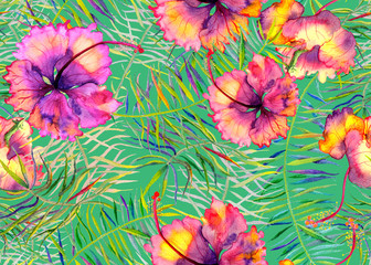 Hibiscus pattern. Watercolor tropical background. 