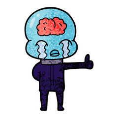 cartoon big brain alien crying but giving thumbs up symbol