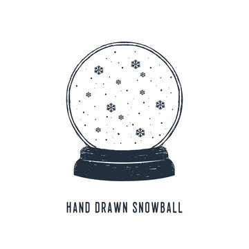 Hand Drawn Snow Ball And Snowflakes Textured Vector Illustrations.