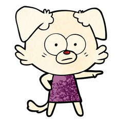 nervous cartoon dog in dress pointing