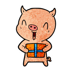 happy cartoon pig with xmas present
