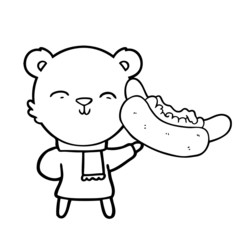 happy cartoon polar bear with hot dog