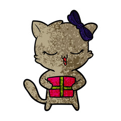 cartoon girl cat with christmas present