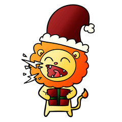 cartoon roaring lion with gift