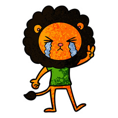 cartoon crying lion giving peace sign