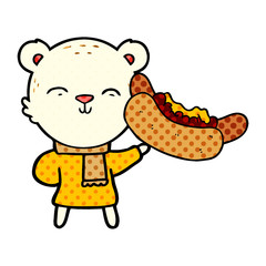 happy cartoon polar bear with hot dog