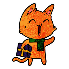 happy cartoon cat with christmas gift